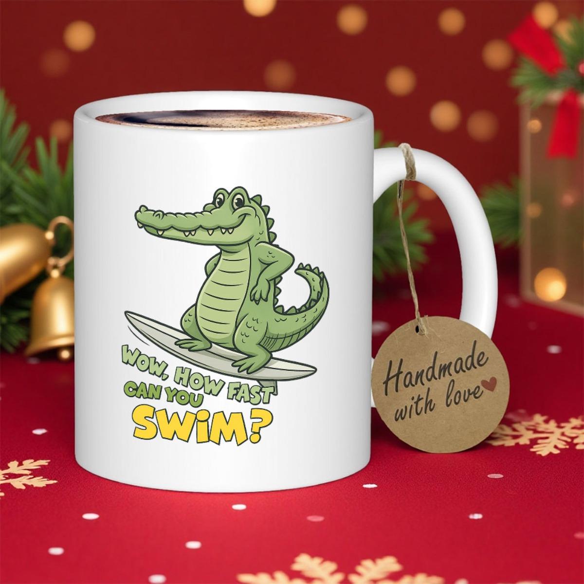 Tailorly White Ceramic 11 oz Mug - Wow How Fast Can You Swim Playful Green Cartoon Alligator Balancing On A White Surfboard Surfing Alligator