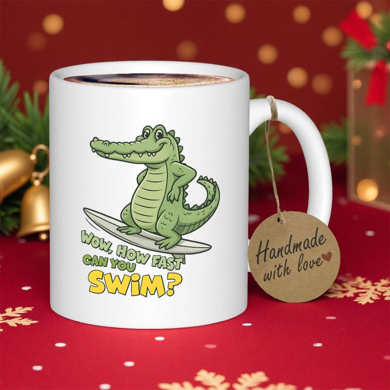 Tailorly White Ceramic 11 oz Mug - Wow How Fast Can You Swim Playful Green Cartoon Alligator Balancing On A White Surfboard Surfing Alligator