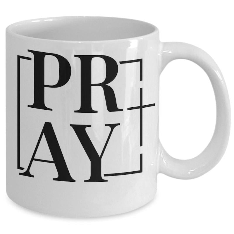Tailorly White Ceramic 11 oz Mug - Pray Simple Black Text Geometric Frame With Integrated Holy Cross