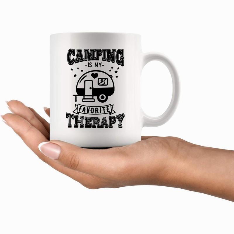 Tailorly White Ceramic 11 oz Mug - Camping Is My Favorite Therapy Vintage Style Trailer Featuring Small Heart And Scattered Tiny Stars Caravan