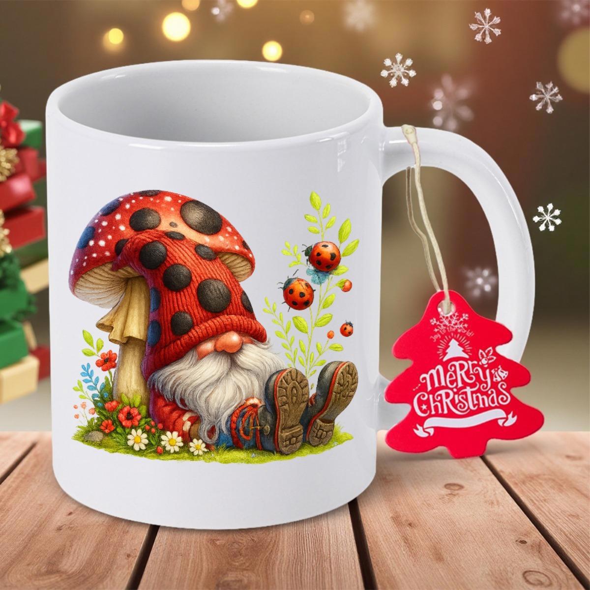 Tailorly White Ceramic 11 oz Mug - Merry Christmas Cute Bearded Sitting Among Flowers And Ladybugs Mushroom Hat Gnome