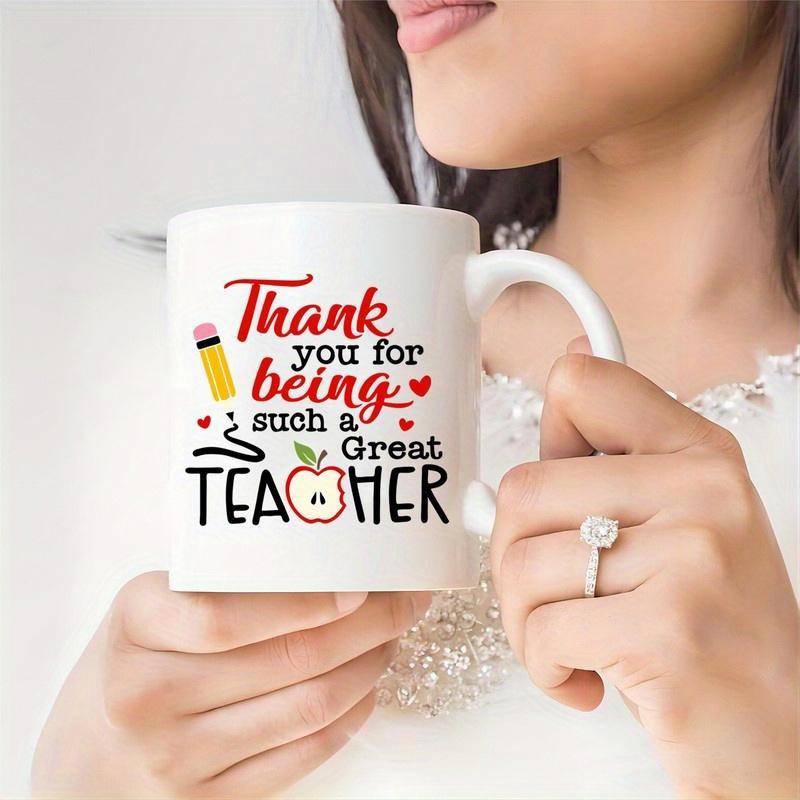 Tailorly White Ceramic 11 oz Mug - Thank You For Being Such A Great Teacher Minimalist Pencil Drawing With Red Hearts And A Small Red Apple Mug