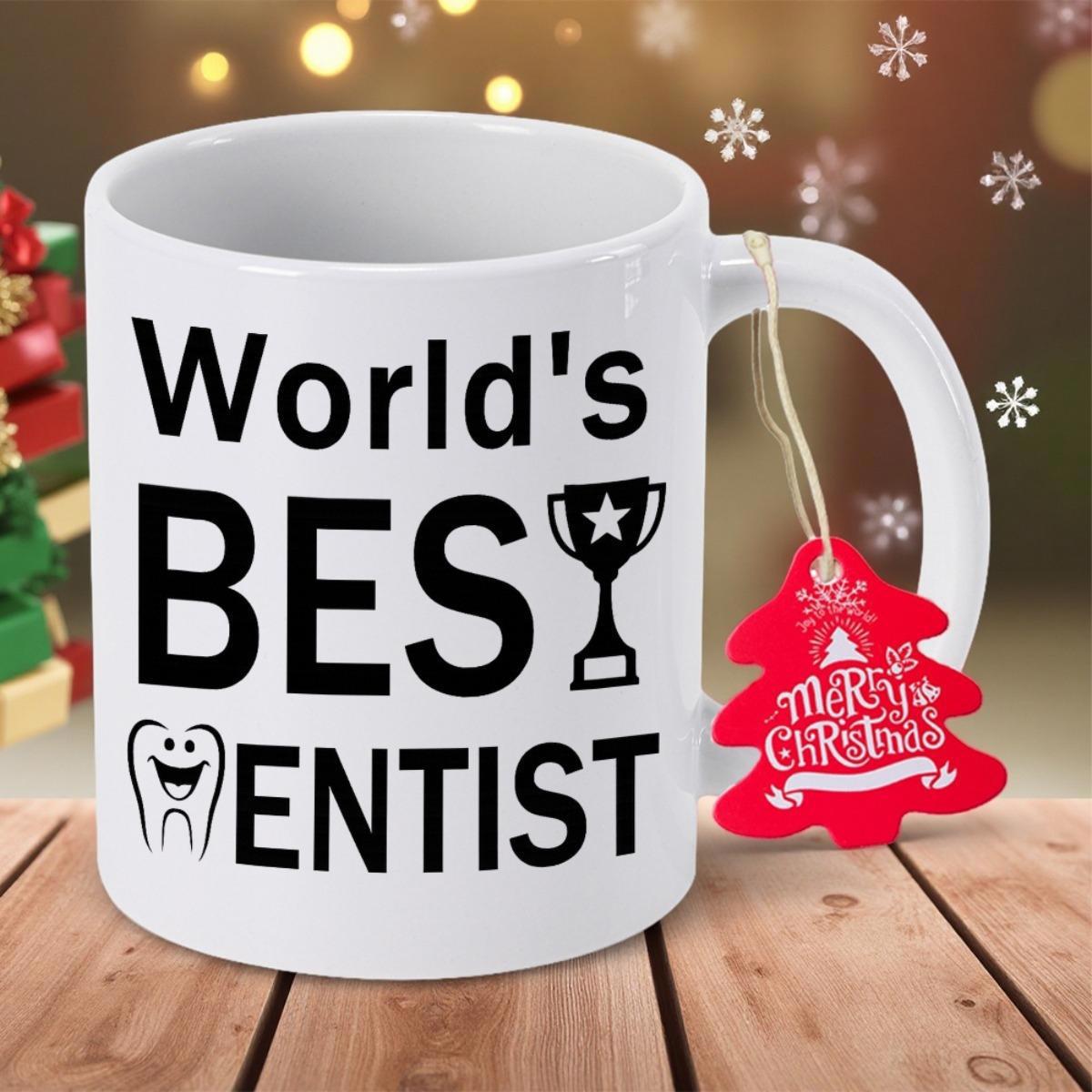 Tailorly White Ceramic 11 oz Mug - Worlds Best Dentist Featuring Minimalist Smiling Tooth Icon And Trophy Graphic Symbols Dentist