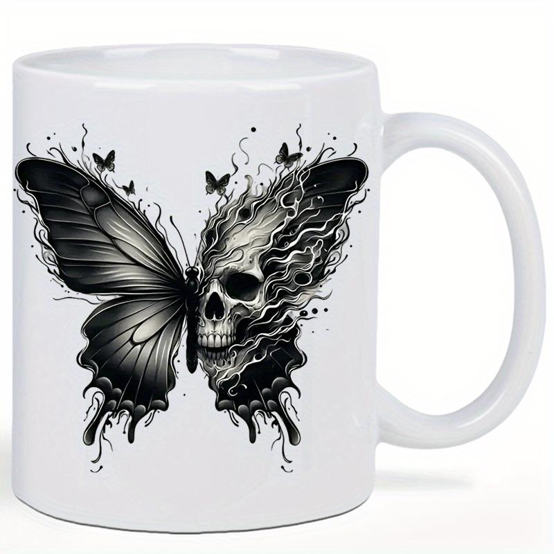 Tailorly White Ceramic 11 oz Mug - Intricate Gothic Half Butterfly Wing Merged With Smoke Spiraling Dark Human Skull