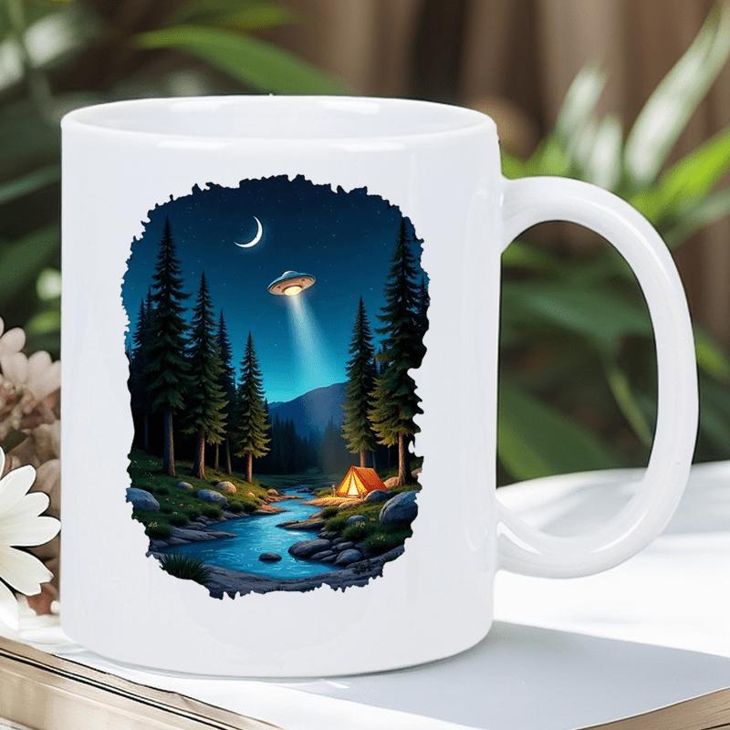 Tailorly White Ceramic 11 oz Mug - Mysterious Glowing Spaceship Hovering Over Dark Pine Forest Beside River UFO