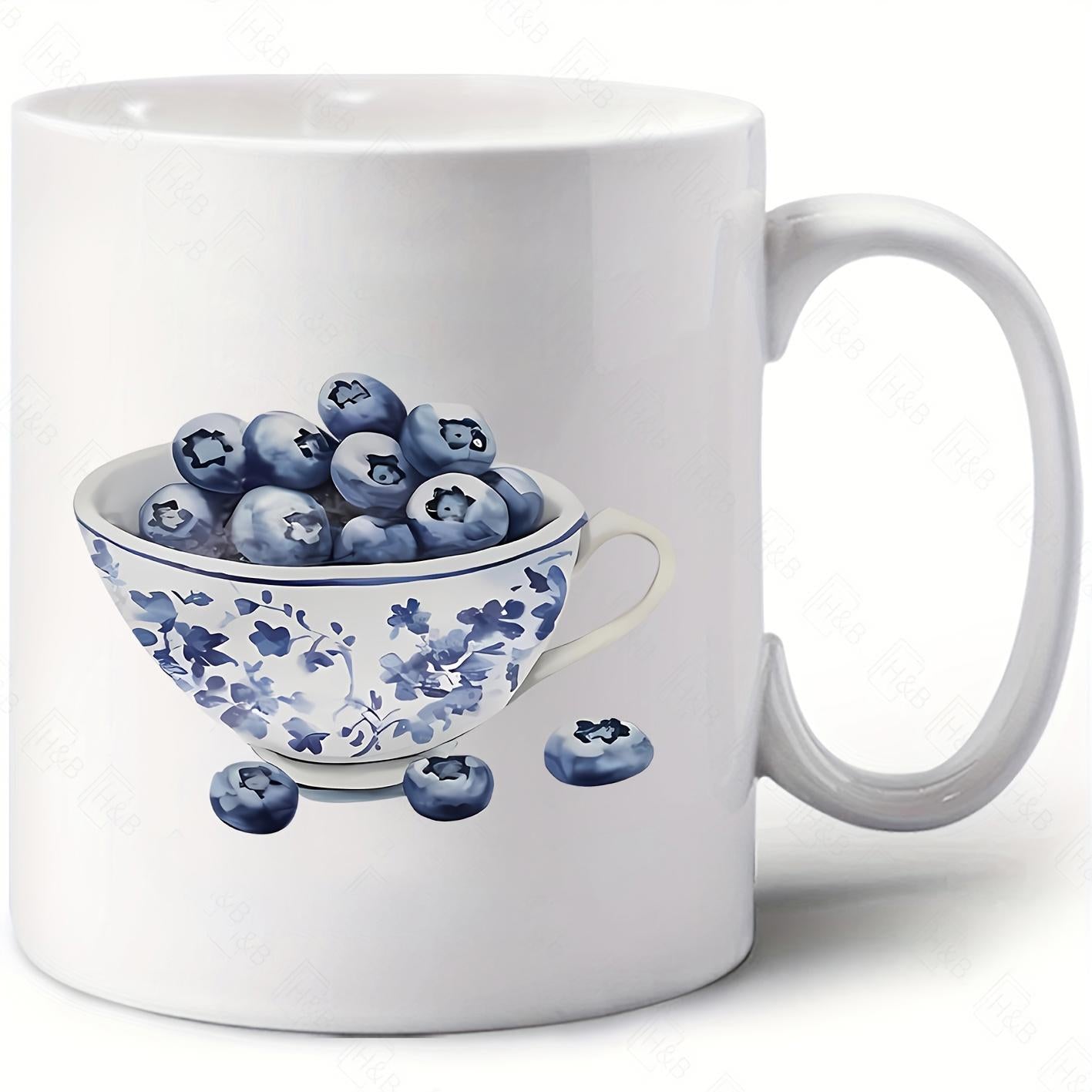 Tailorly White Ceramic 11 oz Mug - Fresh Blueberries Overflowing From An Elegant Blue Floral Vintage China Teacup Blueberry