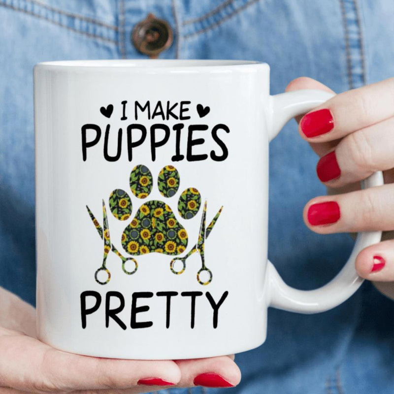 Tailorly White Ceramic 11 oz Mug - I Make Puppies Pretty Sunflower Patterned Print With Stylized Grooming Tools And Hearts Paw