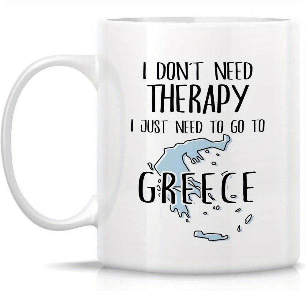 Tailorly White Ceramic 11 oz Mug - I Don't Need Therapy I Just Need To Go To Greece Minimalist Light Blue Silhouette Outlining The Mediterranean Region Map