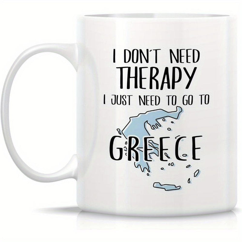 Tailorly White Ceramic 11 oz Mug - I Don't Need Therapy I Just Need To Go To Greece Minimalist Light Blue Silhouette Outlining The Mediterranean Region Map