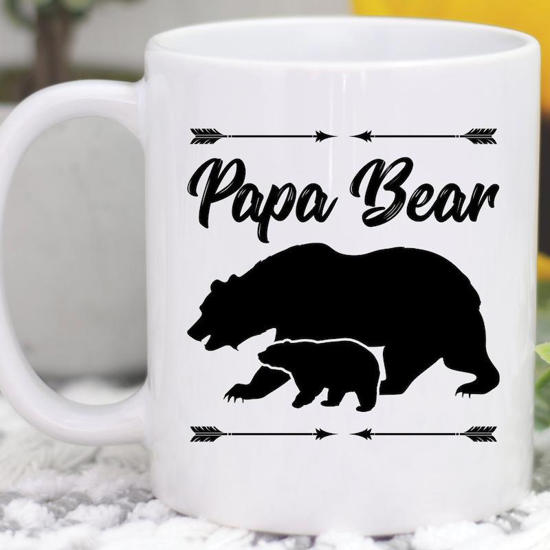 Tailorly White Ceramic 11 oz Mug - Papa Bear Black Silhouettes Of A Large Walking Bear And Small Cub With Decorative Arrows Bear