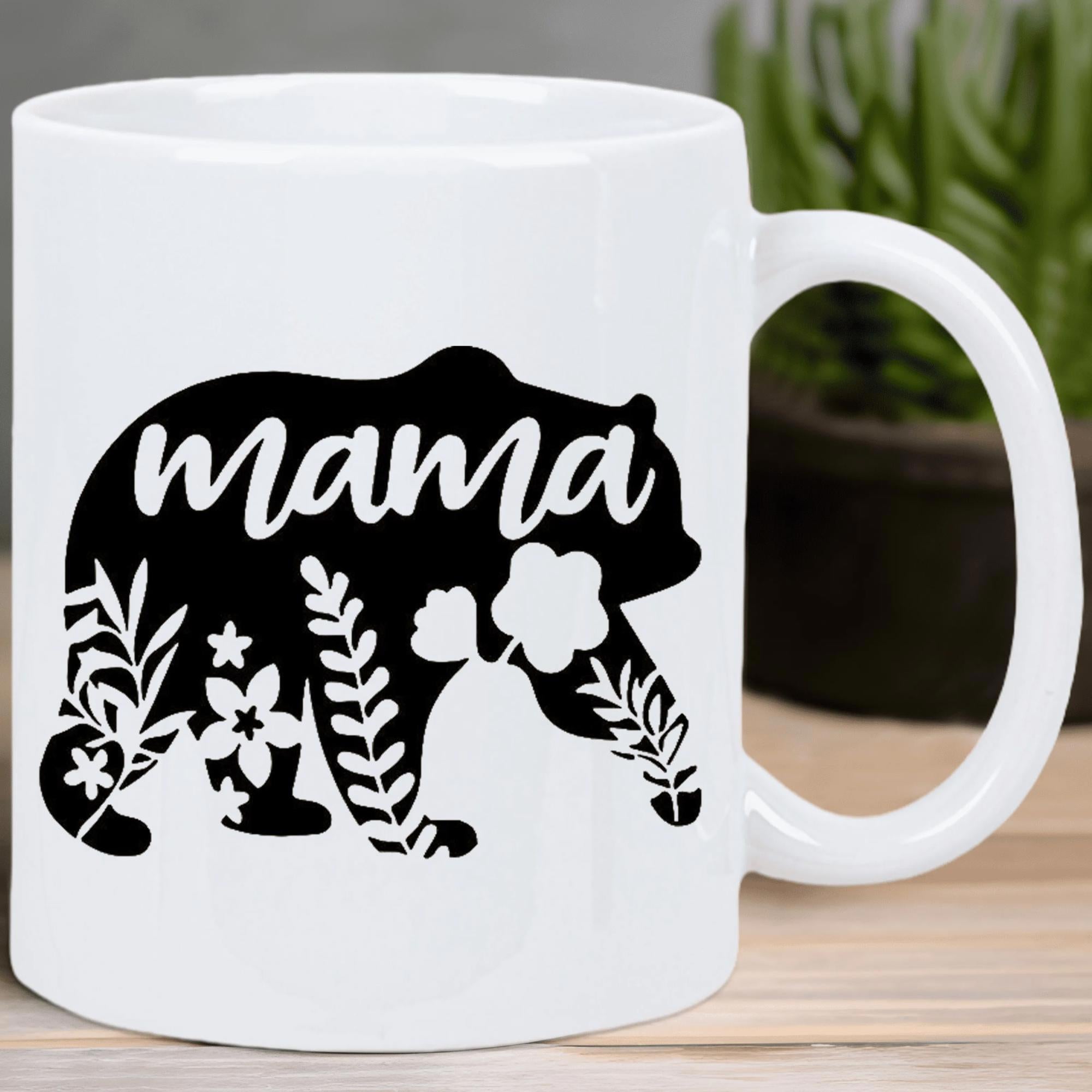 Tailorly White Ceramic 11 oz Mug - Mama Silhouette Featuring Floral Patterns With Botanical Elements And Decorative Accents Bear