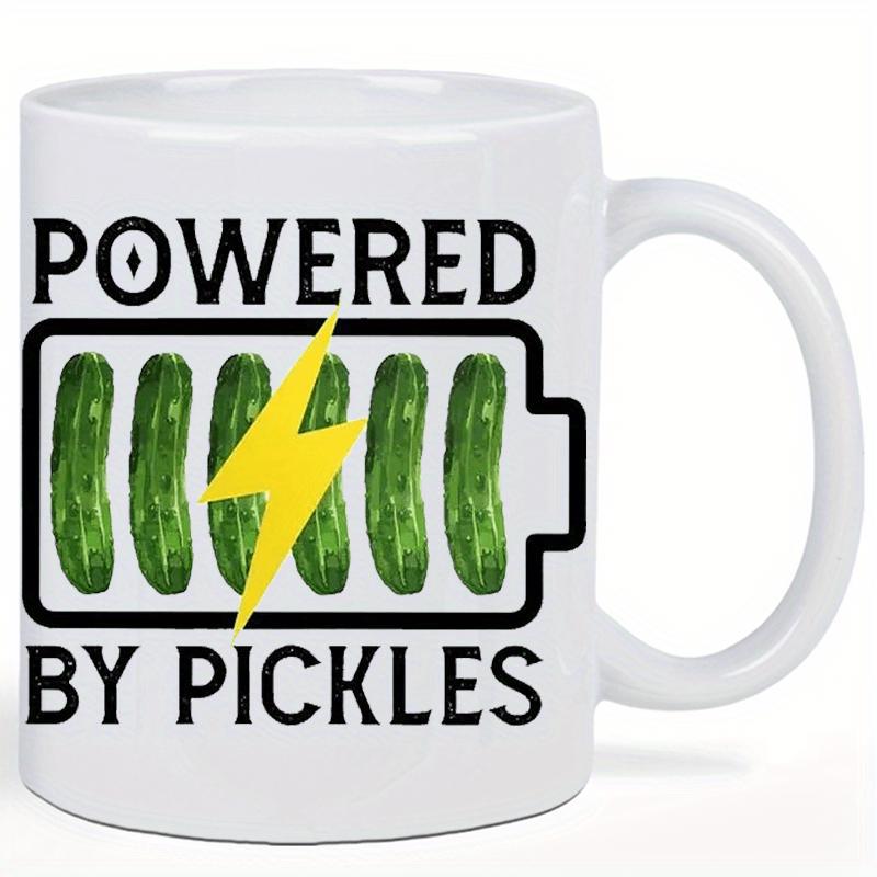 Tailorly White Ceramic 11 oz Mug - Powered By Pickles Funny Battery Symbol Filled With Green Pickles And A Golden Lightning Bolt Pickle