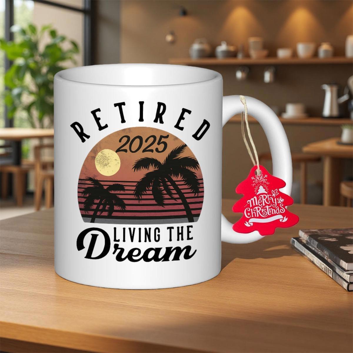 Tailorly White Ceramic 11 oz Mug - Retired 2025 Living The Dream Tropical Retro Sunset Scene With Silhouetted Palms And A Golden Sun Palm Tree