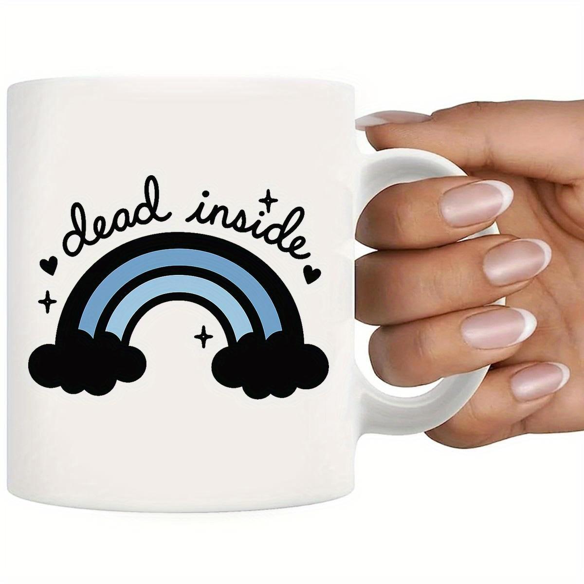 Tailorly White Ceramic 11 oz Mug - Dead Inside Blue Toned Minimalist Arch Between Dark Stormy Clouds Sparkles Rainbow