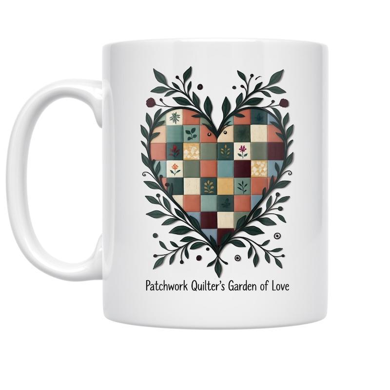 Tailorly White Ceramic 11 oz Mug - Patchwork Quilters Garden Of Love Vibrant Patchwork Pattern Nested Within Botanical Wreath Heart