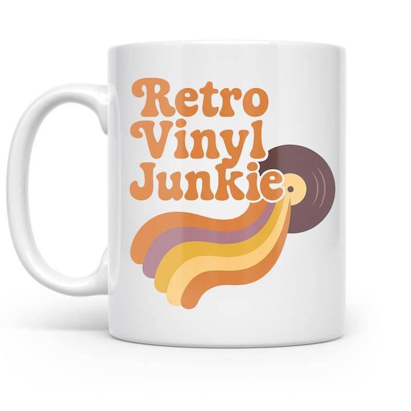 Tailorly White Ceramic 11 oz Mug - Retro Vinyl Junkie Vintage Styled Vinyl Disc With Colorful Wavy Rainbow Flowing Lines Record