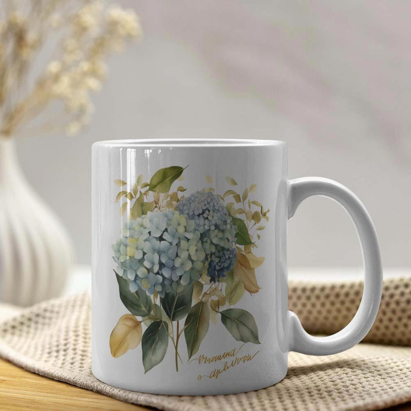 Tailorly White Ceramic 11 oz Mug - Soft Watercolor Blue Petals Surrounded By Lush Green Foliage Hydrangea