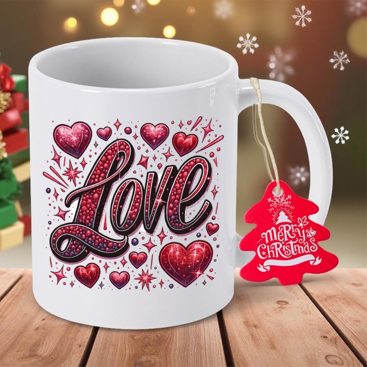 Tailorly White Ceramic 11 oz Mug - Love Merry Christmas Artistic Red Hearts With Glitter Texture And Sparkling Decorative Stars Mug