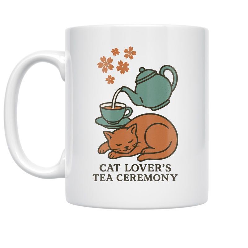 Tailorly White Ceramic 11 oz Mug - Cat Lovers Tea Ceremony Sleeping Ginger Feline Resting Near Steaming Pot Of Hot Herbal Tea Cat