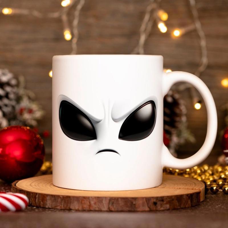 Tailorly White Ceramic 11 oz Mug - Angry Face Expression With Large Dark Almond Eyes Alien