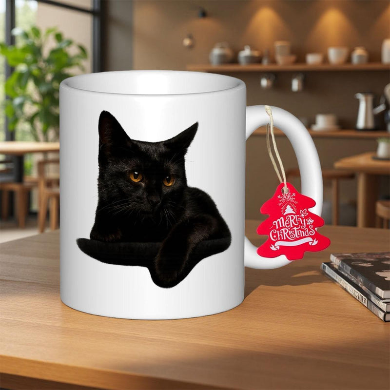 Tailorly White Ceramic 11 oz Mug - Sleek Elegant Black Feline With Glowing Amber Eyes Resting Quietly Cat
