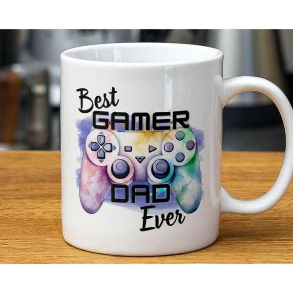 Tailorly White Ceramic 11 oz Mug - Best Gamer Dad Ever Vibrant Watercolor Artistic Design Featuring Splashed Ink Artistic Gaming Controller