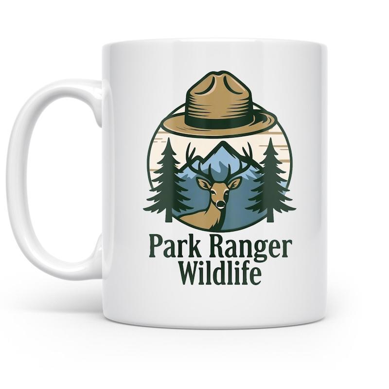 Tailorly White Ceramic 11 oz Mug - Park Ranger Wildlife Serene Mountain Forest Scene Under A Traditional Ranger Hat Deer