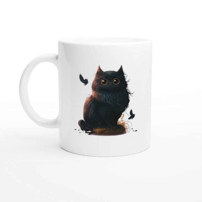Tailorly White Ceramic 11 oz Mug - Adorable Fluffy Black Kitten With Big Golden Eyes Playing Among Flying Butterflies Cat