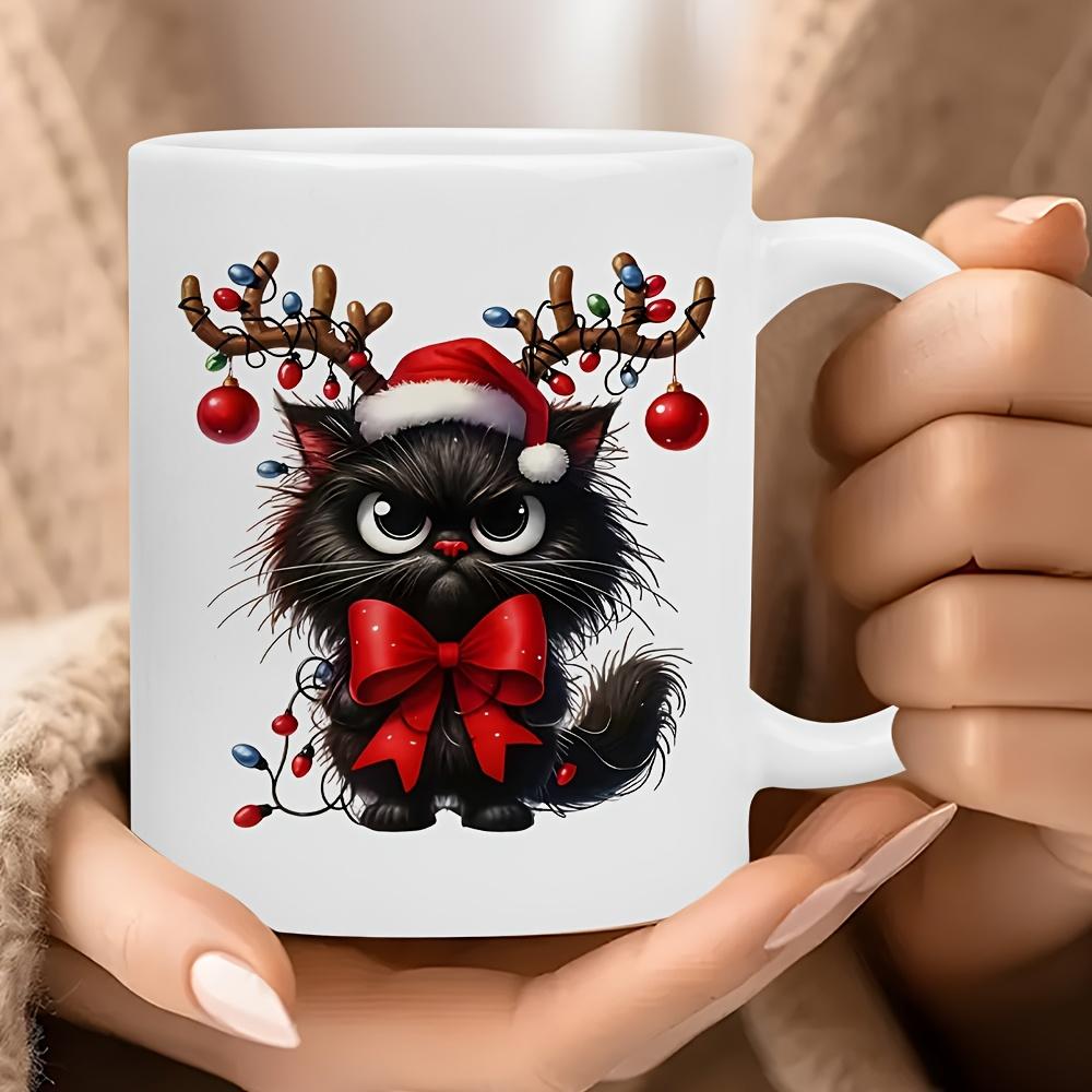 Tailorly White Ceramic 11 oz Mug - Festive Grumpy Fluffy Black Kitten With Reindeer Antlers And Hat Cat