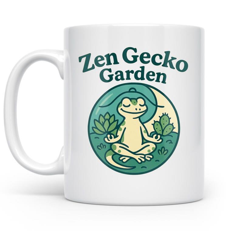 Tailorly White Ceramic 11 oz Mug - Zen Gecko Garden Peaceful Meditating Lizard Sitting Among Lotus And Cactus In Serene Garden Gecko