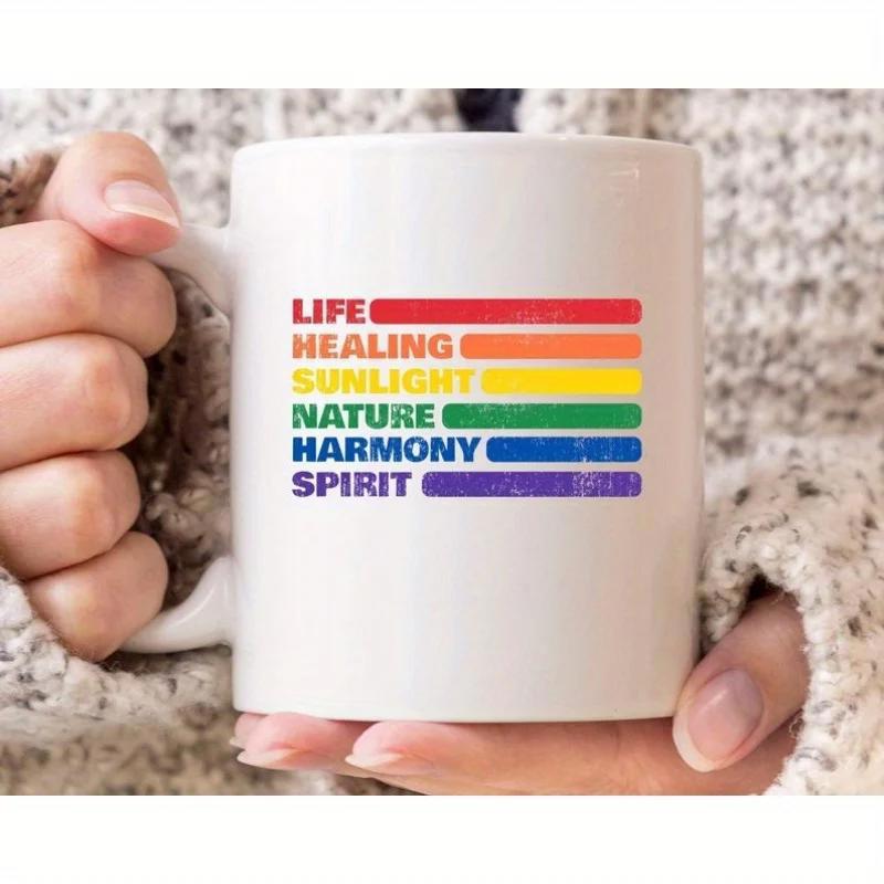 Tailorly White Ceramic 11 oz Mug - Life Healing Sunlight Nature Harmony Spirit Distressed Vintage Rainbow Colors Stacked In Parallel Horizontal Lines Mug