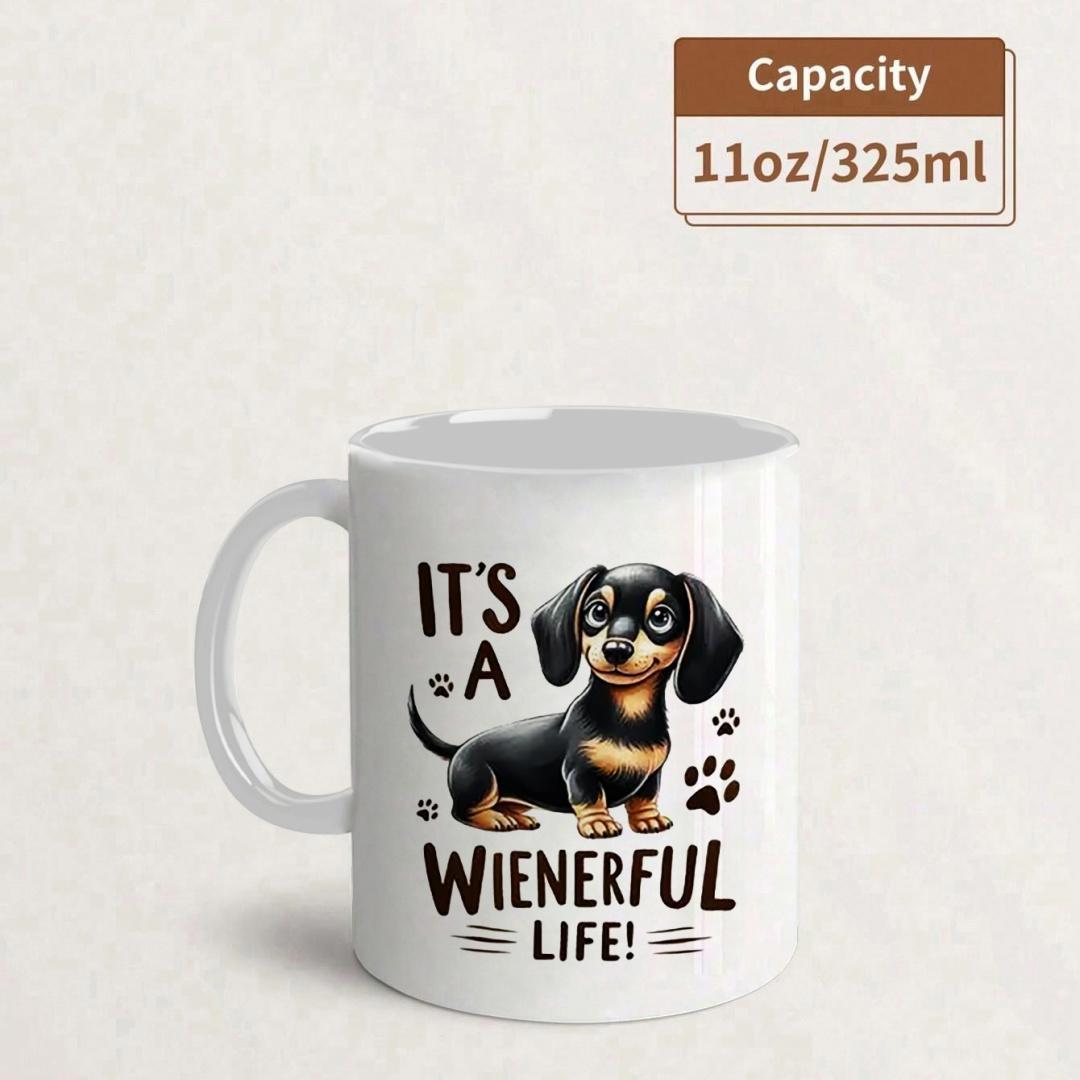 Tailorly White Ceramic 11 oz Mug - Its A Wienerful Life Adorable Cartoon Black And Tan Dog Among Floating Paw Prints Dachshund