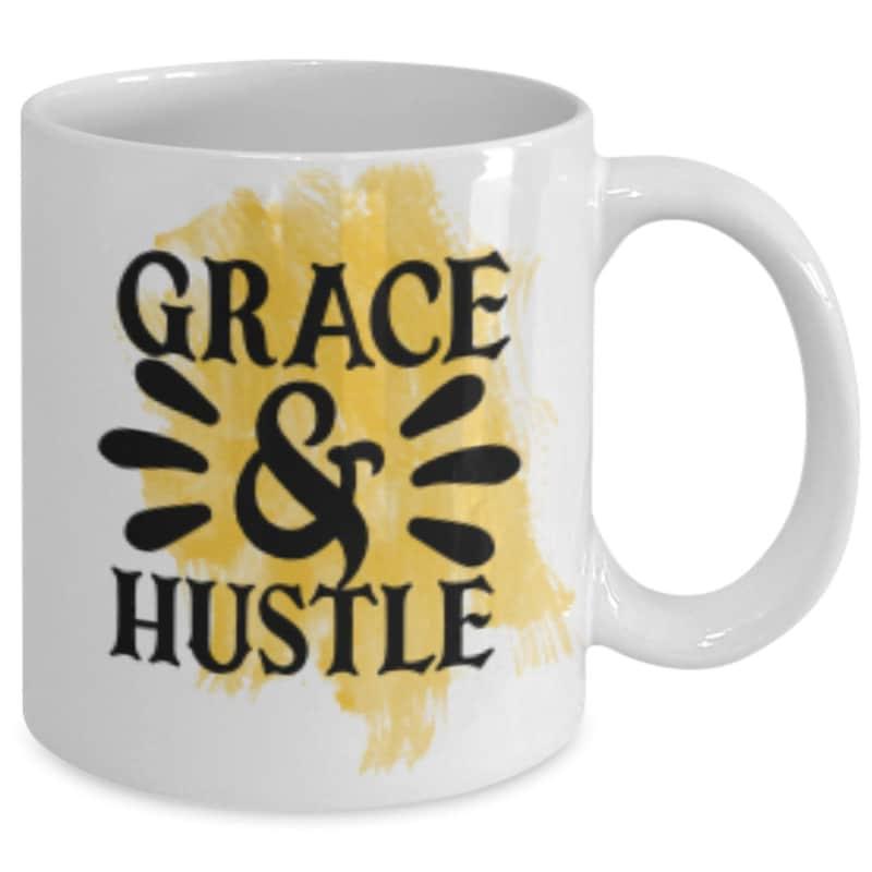 Tailorly White Ceramic 11 oz Mug - Grace Hustle Artistic Golden Watercolor Texture With Bold Black Typography Stylish Design Splash
