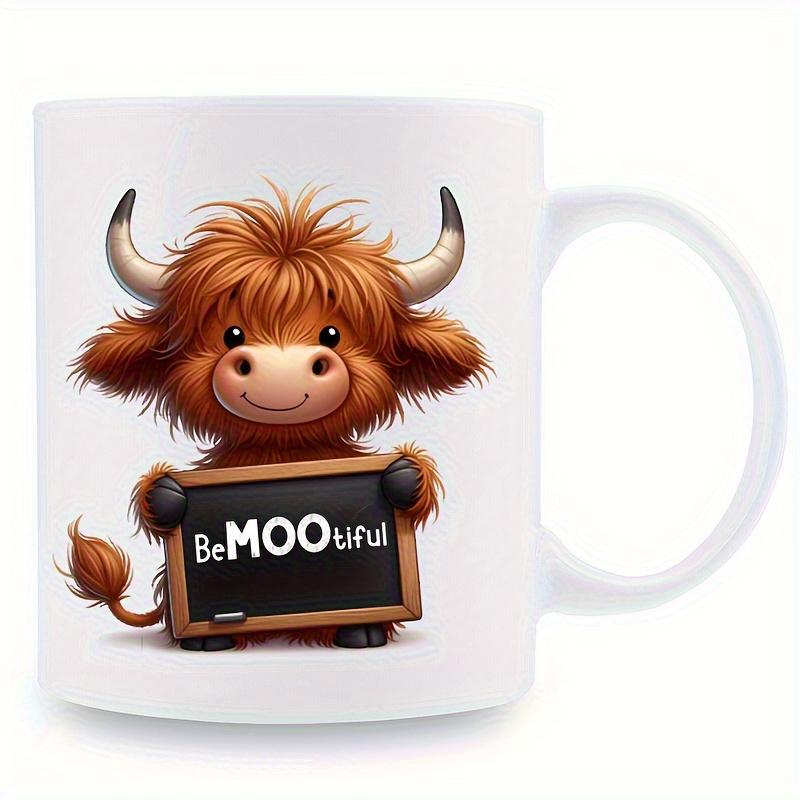 Tailorly White Ceramic 11 oz Mug - BeMOOtiful Adorable Fluffy Brown Highland Calf Holding Small Chalkboard Sign Cow