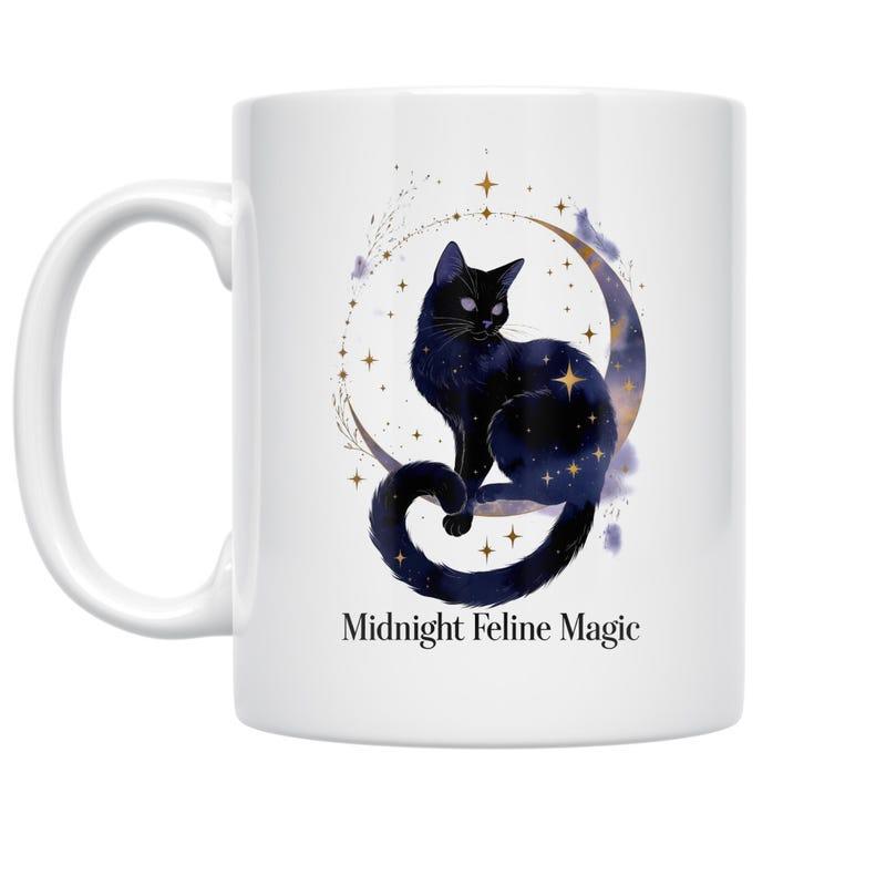 Tailorly White Ceramic 11 oz Mug - Midnight Feline Magic Starry Night Celestial Silhouette Sitting On Golden Crescent Moon Cat