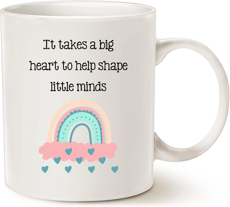 Tailorly White Ceramic 11 oz Mug - It Takes A Big Heart To Help Shape Little Minds Soft Pastel Colors With Fluffy Pink Cloud And Little Blue Hearts Rainbow