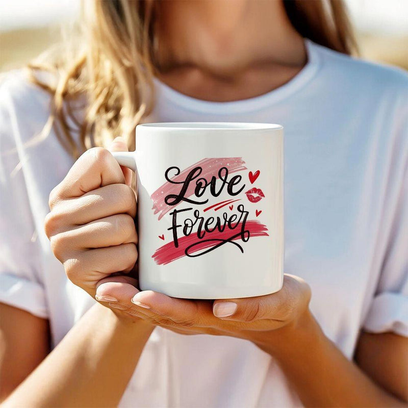 Tailorly White Ceramic 11 oz Mug - Love Forever Romantic Brushstrokes With Small Red Hearts And Delicate Kiss Mark Heart