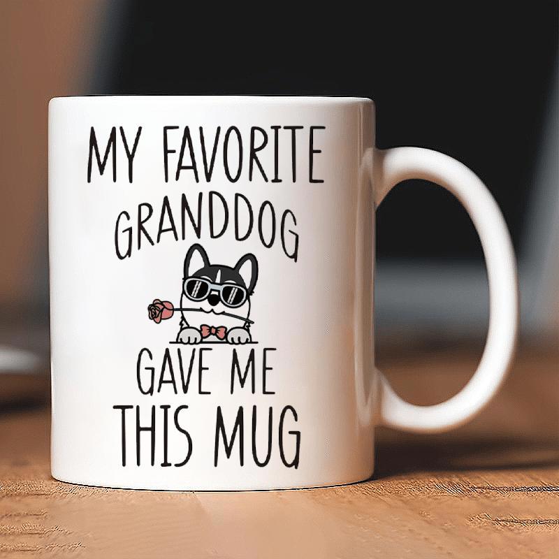 Tailorly White Ceramic 11 oz Mug - My Favorite Granddog Gave Me This Mug Adorable Cartoon Puppy Wearing Sunglasses And Bowtie Holding Red Rose Blossom Dog