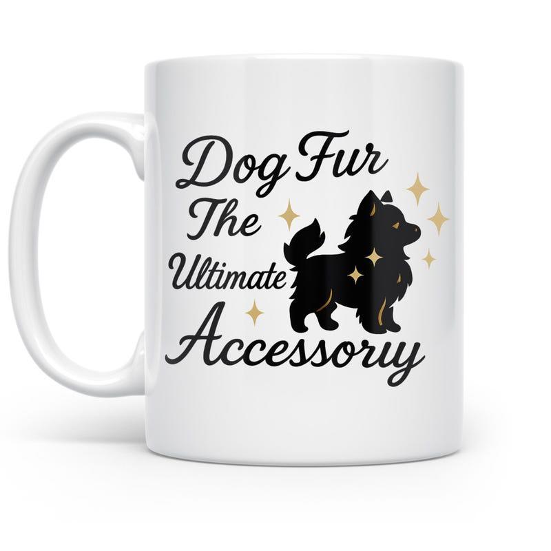 Tailorly White Ceramic 11 oz Mug - Dog Fur The Ultimate Accessory Playful Black Silhouette Surrounded By Sparkling Golden Stars And Magical Elements Dog