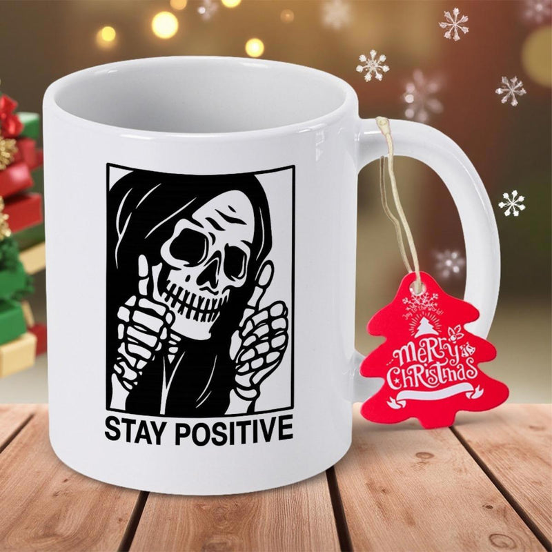 Tailorly White Ceramic 11 oz Mug - Stay Positive Smiling Hooded Figure Giving Thumbs Up Within A Rectangular Frame Skeleton