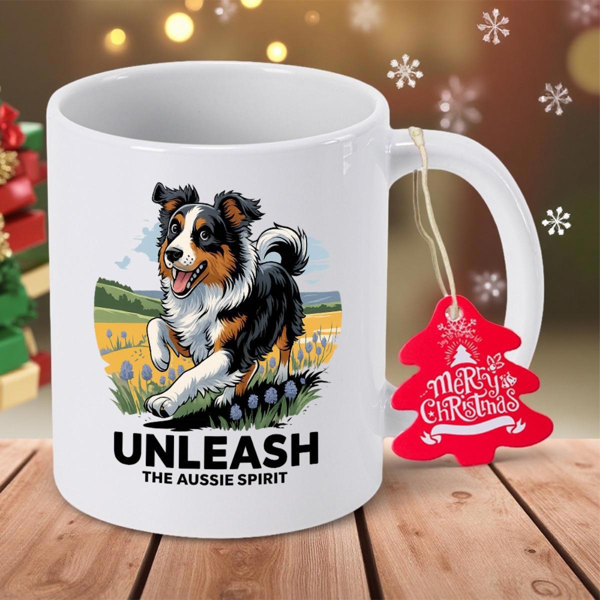Tailorly White Ceramic 11 oz Mug - Unleash The Aussie Spirit Australian Shepherd Running Through A Vibrant Meadow Under Bright Daylight Dog