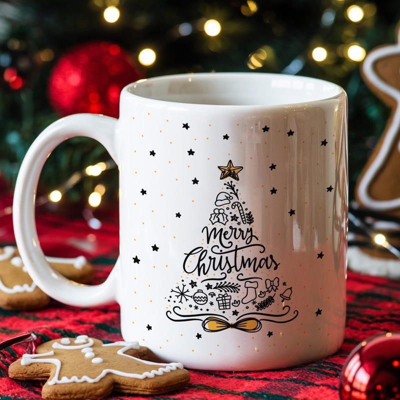 Tailorly White Ceramic 11 oz Mug - Merry Christmas Elegant Hand Drawn Minimalist Tree With Golden Stars And Decorative Ornaments Tree