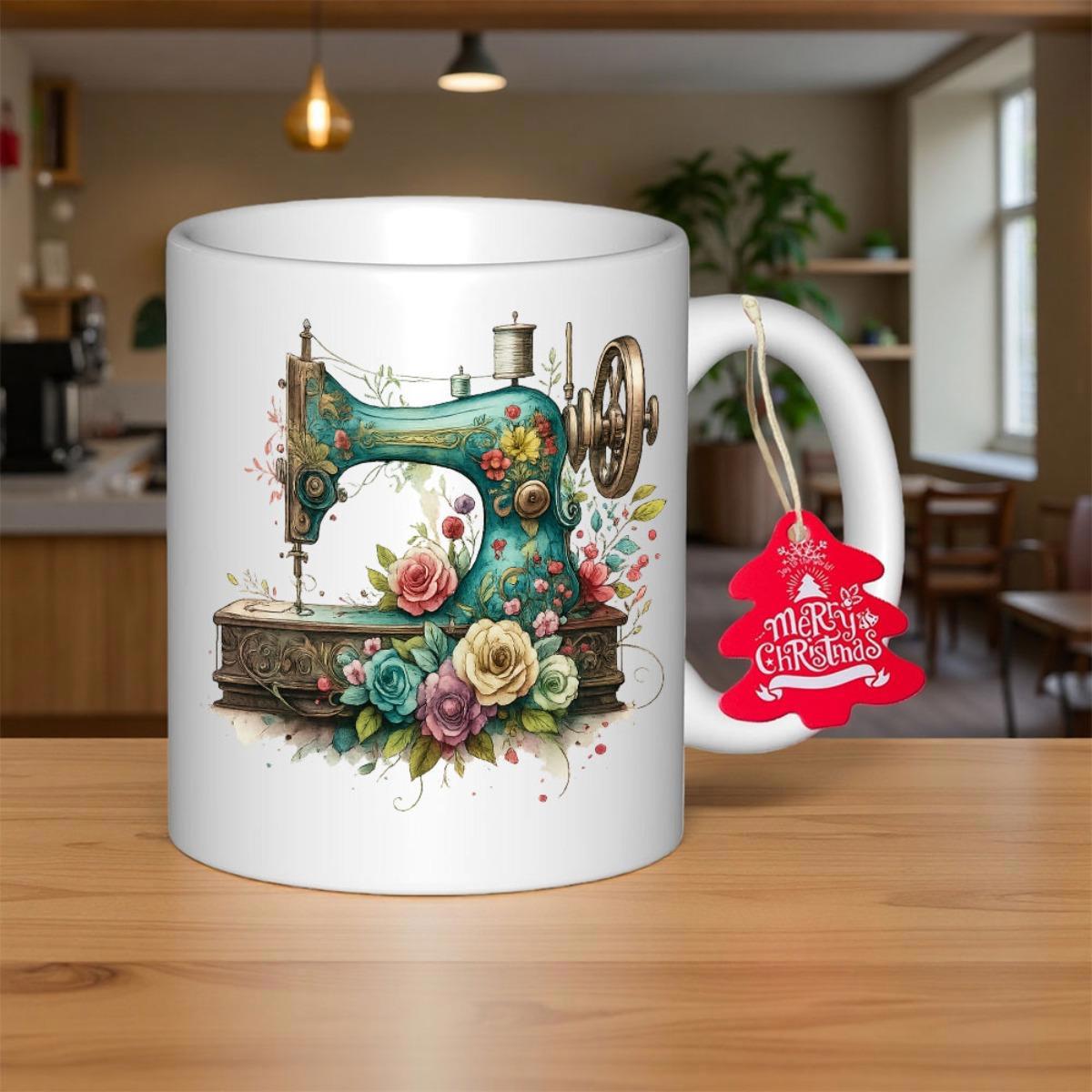 Tailorly White Ceramic 11 oz Mug - Merry Christmas Artistic Teal Vintage Tailor Tool Surrounded By Colorful Blooming Roses Sewing Machine