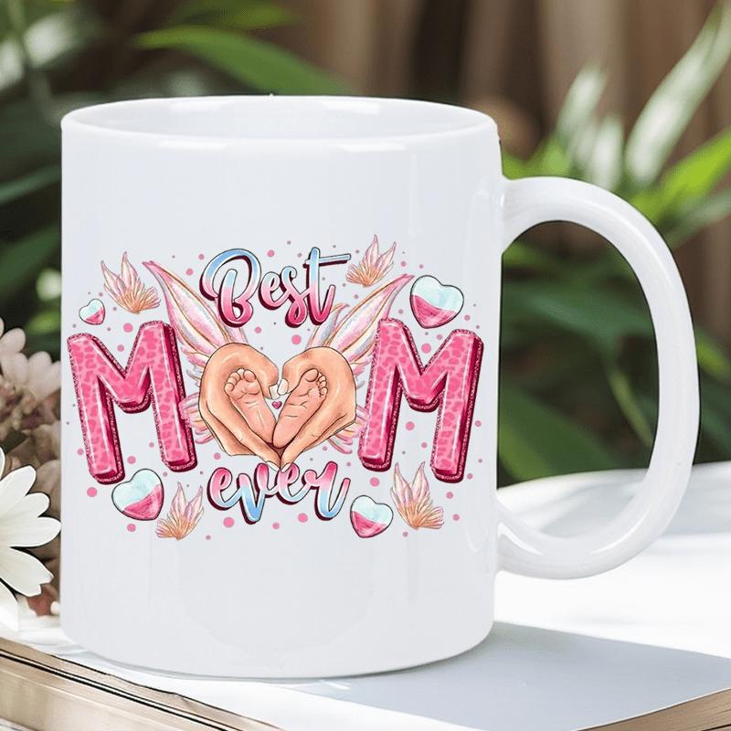 Tailorly White Ceramic 11 oz Mug - Best Mom Ever Pink Letters With Angelic Wings And Hands Forming A Heart