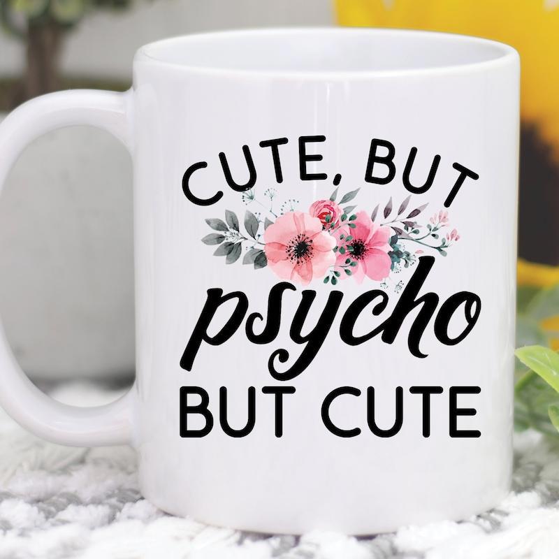 Tailorly White Ceramic 11 oz Mug - Cute But Psycho But Cute Watercolor Pink Flowers With Delicate Leaves Blooming In Elegant Arrangement Flower