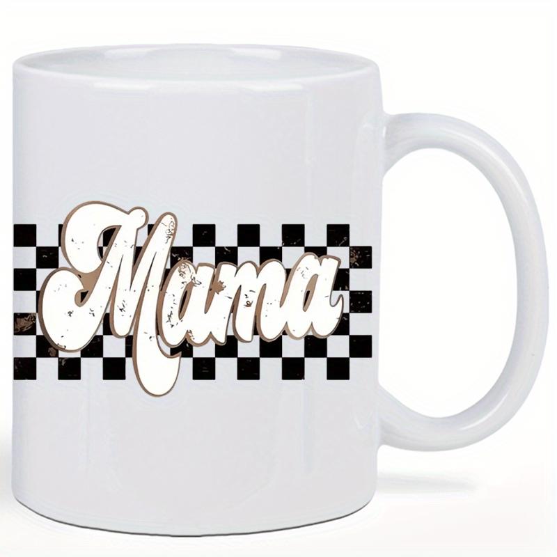 Tailorly White Ceramic 11 oz Mug - Mama Retro Style Distressed Text Over Black And White Checkerboard Pattern Mug