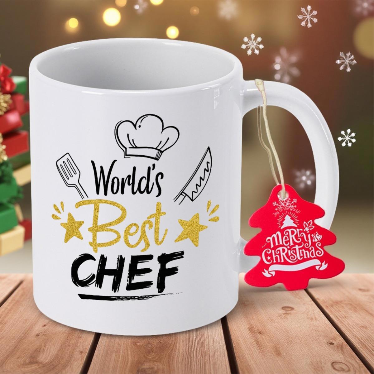 Tailorly White Ceramic 11 oz Mug - Worlds Best Chef Minimalist Kitchen Utensils Combined With Decorative Stars And Elegant Chef Hat Mug