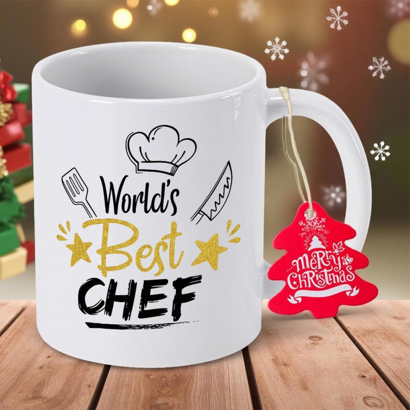 Tailorly White Ceramic 11 oz Mug - Worlds Best Chef Minimalist Kitchen Utensils Combined With Decorative Stars And Elegant Chef Hat Mug