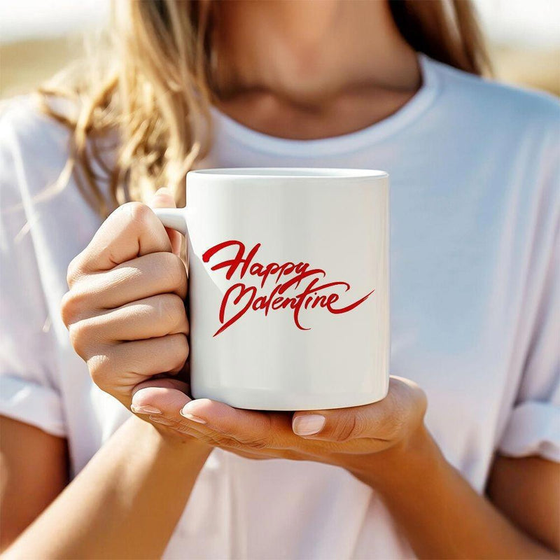 Tailorly White Ceramic 11 oz Mug - Happy Valentine Elegant Red Script Swirls Forming A Decorative Romantic Artistic Heart