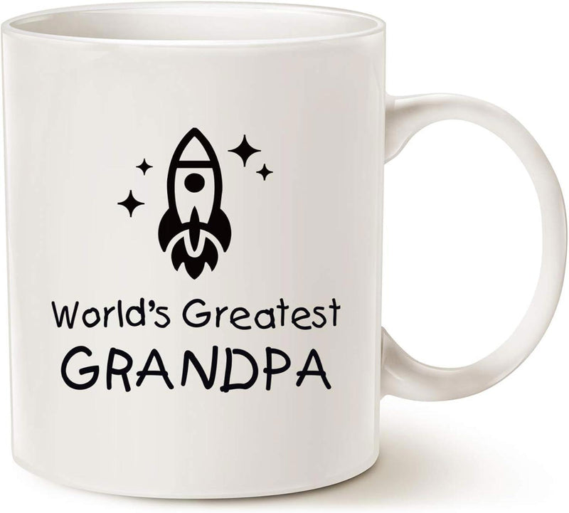 Tailorly White Ceramic 11 oz Mug - World's Greatest Grandpa Minimalist Black Rocket Ship Blasting Off Toward Shining Twinkling Celestial Stars Rocket